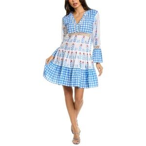 BINDU‎ Manuela Dress in Blue Cotton Peasant Boho Embroidered M